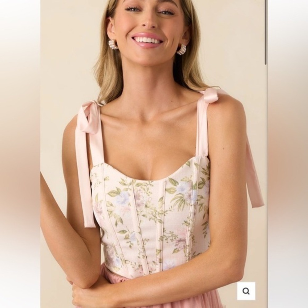 Mine Size L Floral Corset Pastel Pink‎ Bow Strap Feminine Parisian Summer NWT